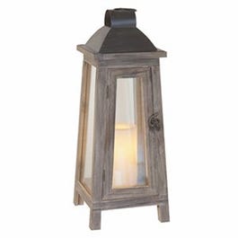 Patio Lantern, LED Flameless Candle, Bleached Oak Wood & Metal, 18-In.