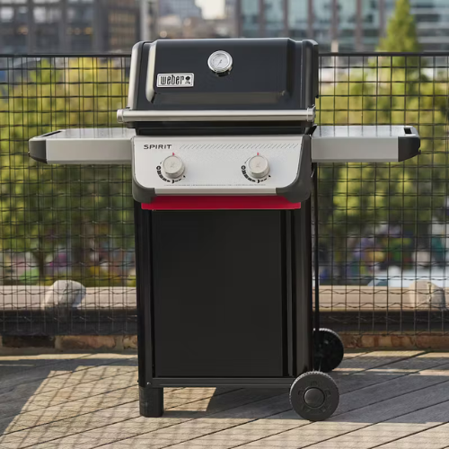 A Spirit® E-210 Gas Grill on a deck with a slightly blurred city background.
