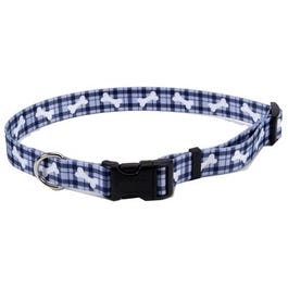 Dog Collar, Adjustable, Plaid/Bones, Nylon, 1 x 18-26-In.